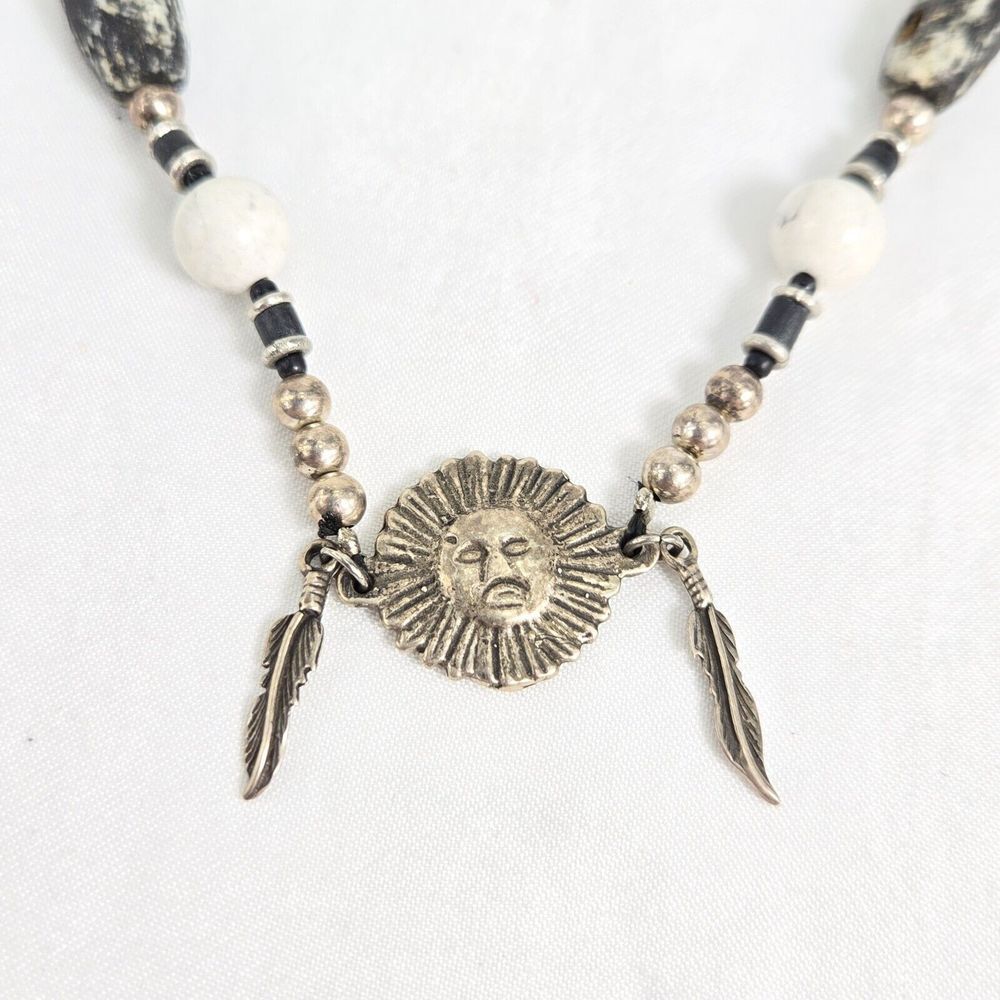 Sterling Sun Leopard Jasper & Black Onyx‎ Beaded Necklace 70s Tribal Southwest